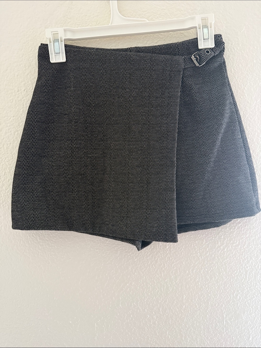 Textured Dark Gray Wrap Skort with Side Buckle